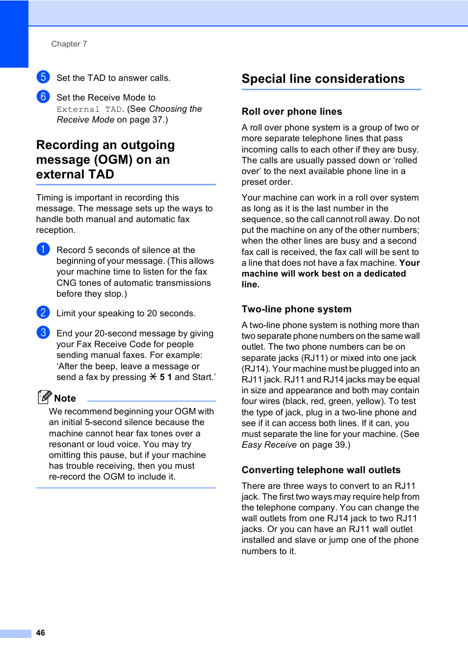 Special line considerations, Roll over phone lines, Two-line phone system | Converting telephone wall outlets | Brother MFC-5860CN User Manual | Page 62 / 169