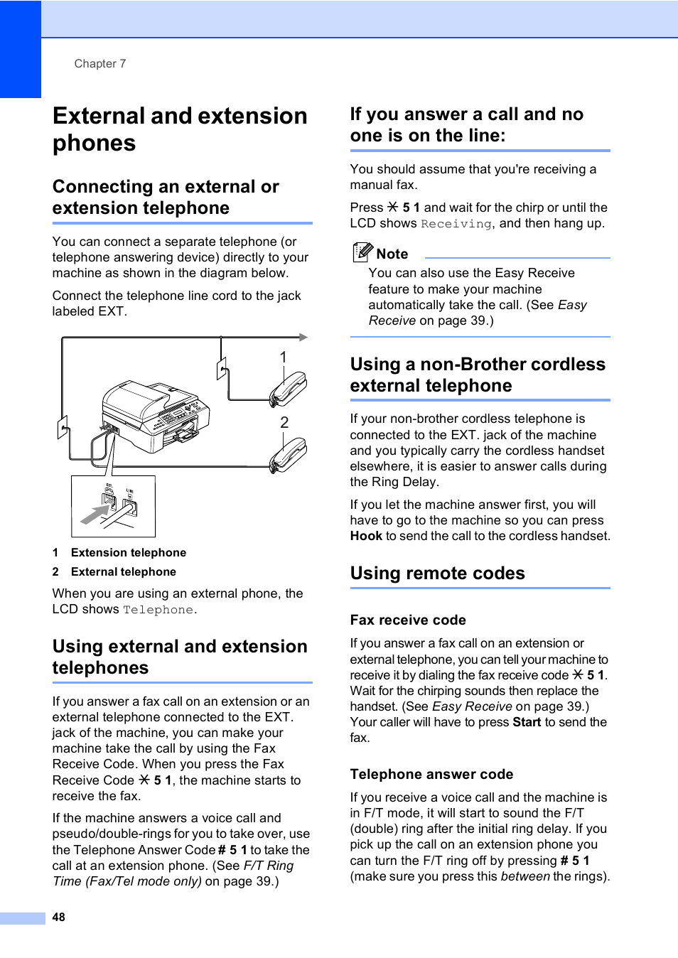 External and extension phones, Connecting an external or extension telephone, Using external and extension telephones | If you answer a call and no one is on the line, Using a non-brother cordless external telephone, Using remote codes, Fax receive code, Telephone answer code | Brother MFC-5860CN User Manual | Page 64 / 169