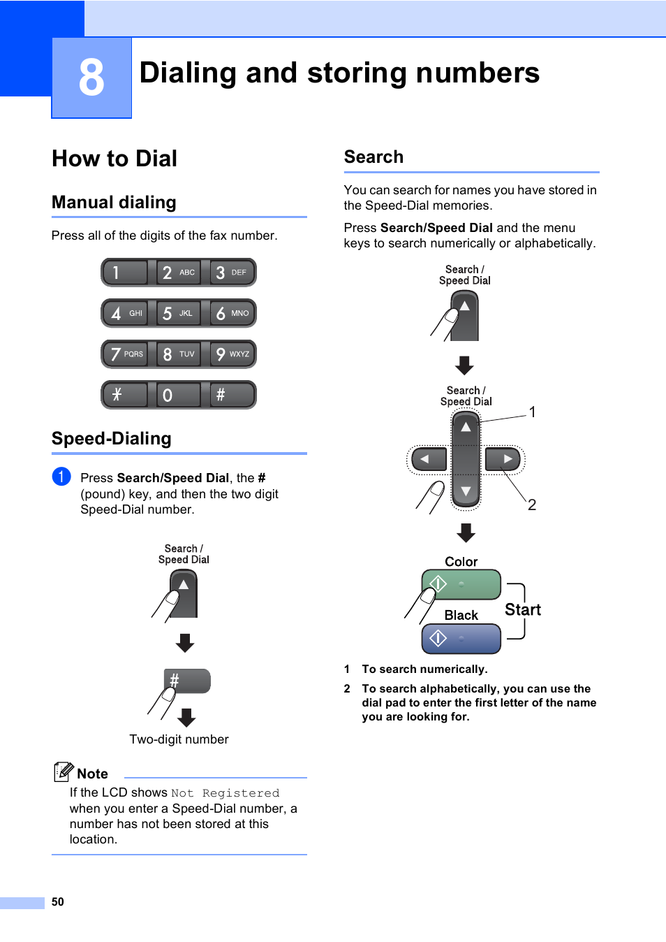 8 dialing and storing numbers, How to dial, Manual dialing | Speed-dialing, Search, Dialing and storing numbers, Manual dialing speed-dialing search | Brother MFC-5860CN User Manual | Page 66 / 169