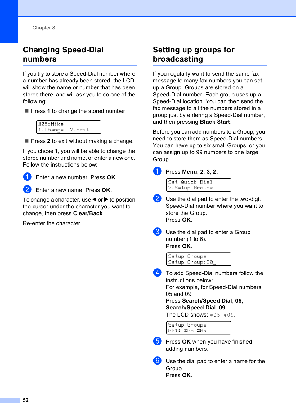 Changing speed-dial numbers, Setting up groups for broadcasting | Brother MFC-5860CN User Manual | Page 68 / 169