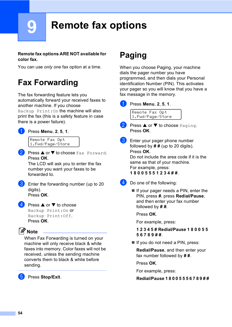 9 remote fax options, Fax forwarding, Paging | Remote fax options, Fax forwarding paging | Brother MFC-5860CN User Manual | Page 70 / 169