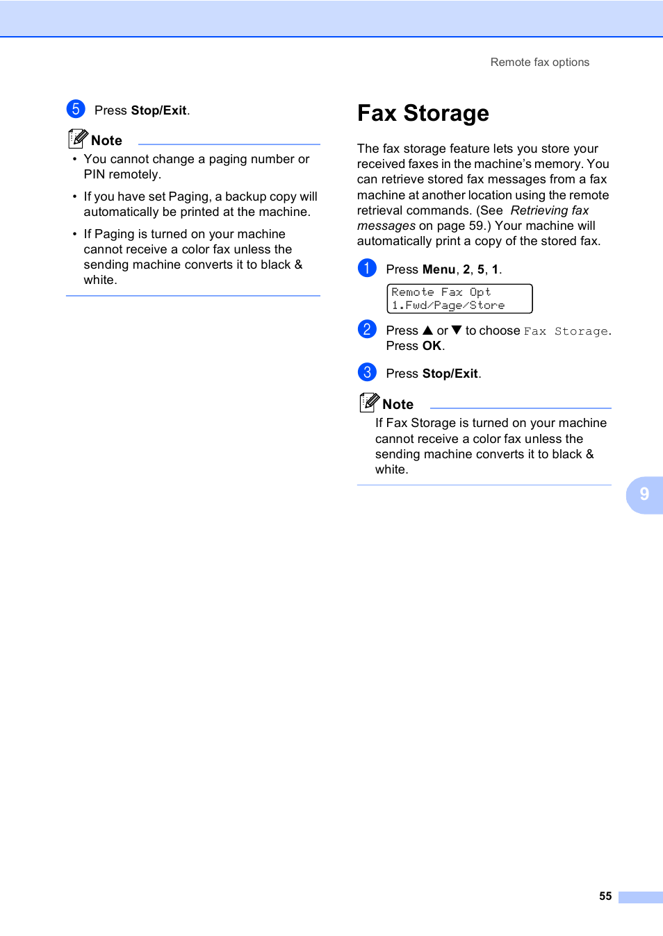 Fax storage | Brother MFC-5860CN User Manual | Page 71 / 169