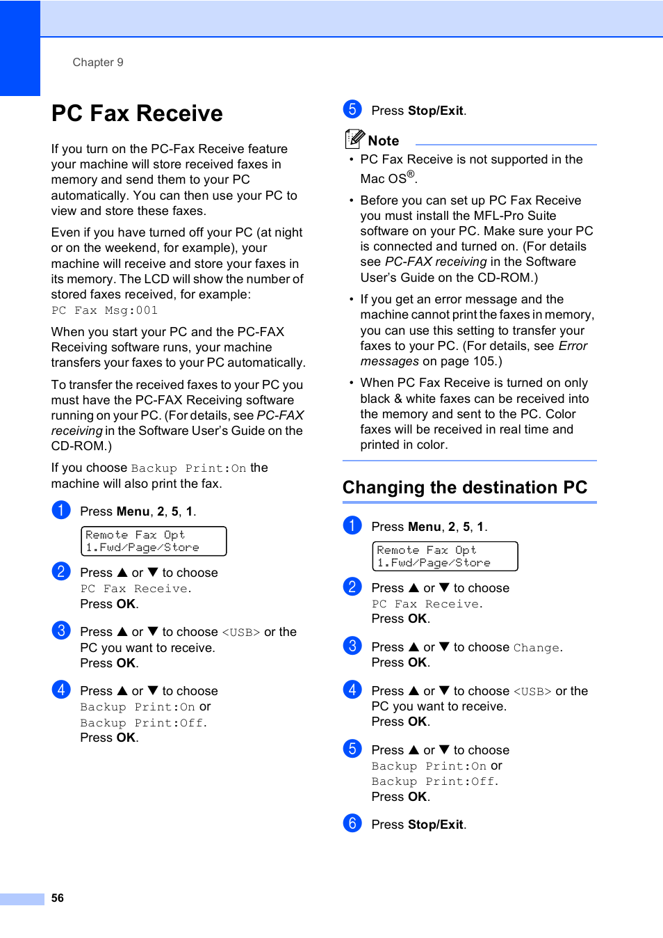 Pc fax receive, Changing the destination pc | Brother MFC-5860CN User Manual | Page 72 / 169