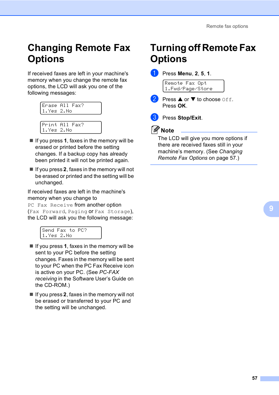Changing remote fax options, Turning off remote fax options | Brother MFC-5860CN User Manual | Page 73 / 169