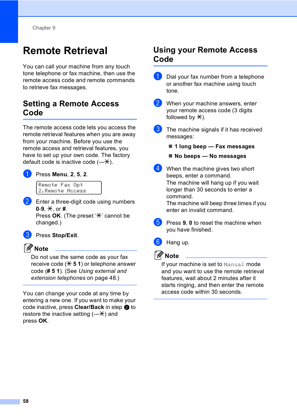 Remote retrieval, Setting a remote access code, Using your remote access code | Brother MFC-5860CN User Manual | Page 74 / 169