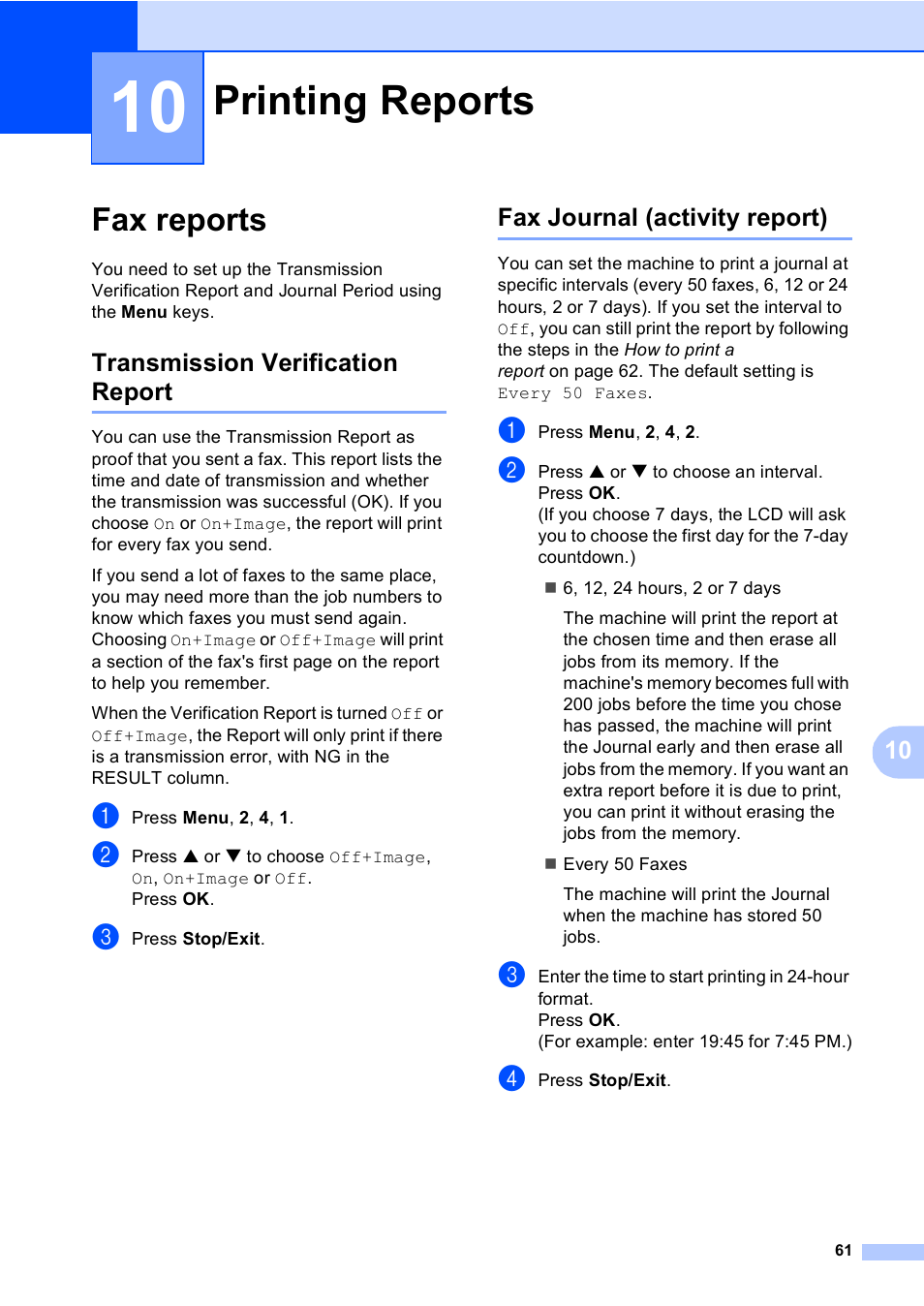 10 printing reports, Fax reports, Transmission verification report | Fax journal (activity report), Printing reports | Brother MFC-5860CN User Manual | Page 77 / 169