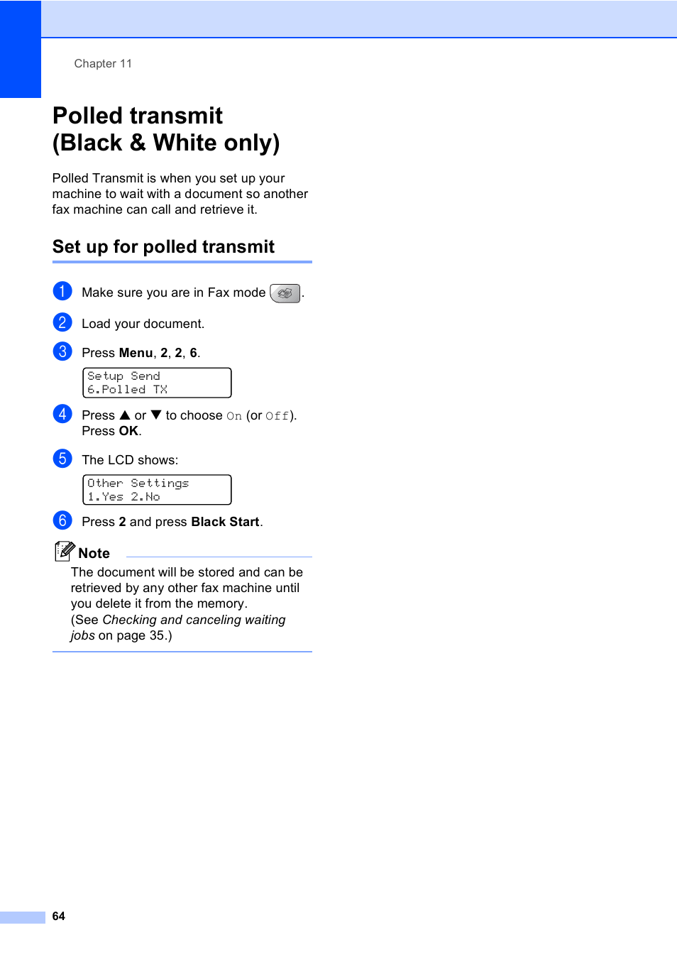 Polled transmit (black & white only), Set up for polled transmit | Brother MFC-5860CN User Manual | Page 80 / 169