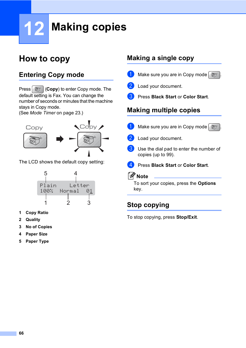 12 making copies, How to copy, Entering copy mode | Making a single copy, Making multiple copies, Stop copying, Making copies | Brother MFC-5860CN User Manual | Page 82 / 169