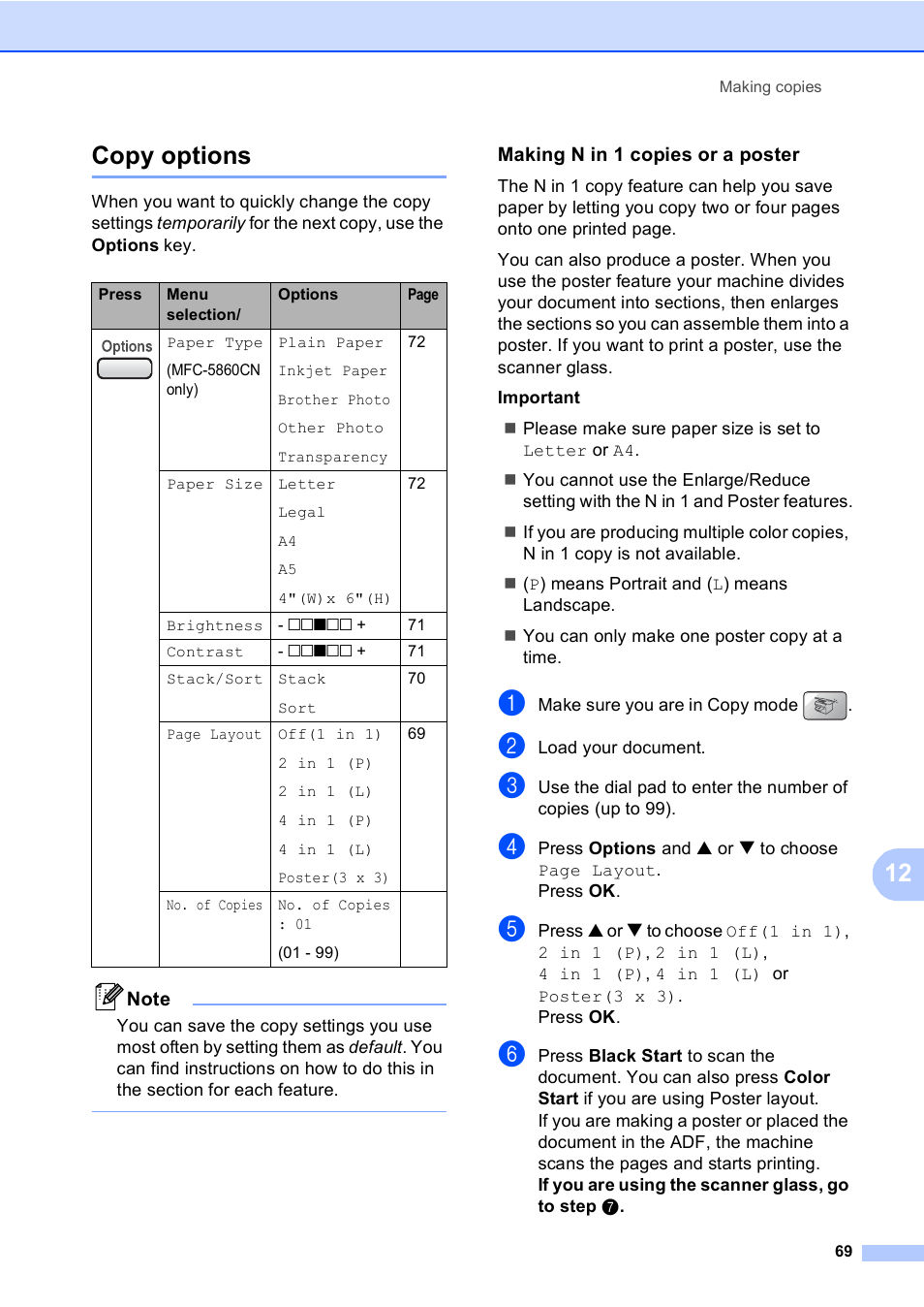 Copy options, Making n in 1 copies or a poster, 12 copy options | Brother MFC-5860CN User Manual | Page 85 / 169