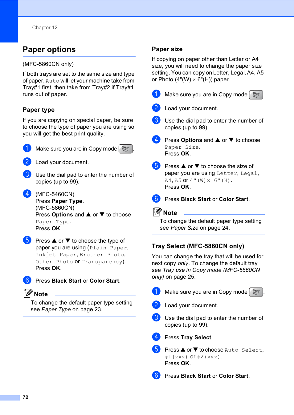 Paper options, Paper type, Paper size | Tray select (mfc-5860cn only) | Brother MFC-5860CN User Manual | Page 88 / 169