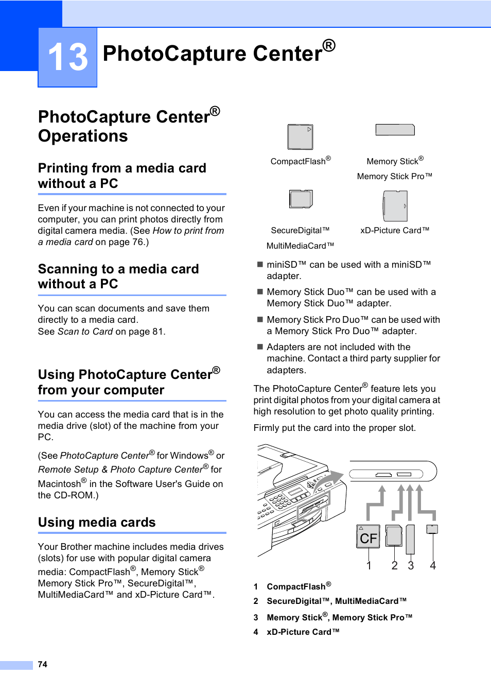 13 photocapture center, Photocapture center® operations, Printing from a media card without a pc | Scanning to a media card without a pc, Using photocapture center® from your computer, Using media cards, Photocapture center, Operations, From your computer, Using photocapture center | Brother MFC-5860CN User Manual | Page 90 / 169