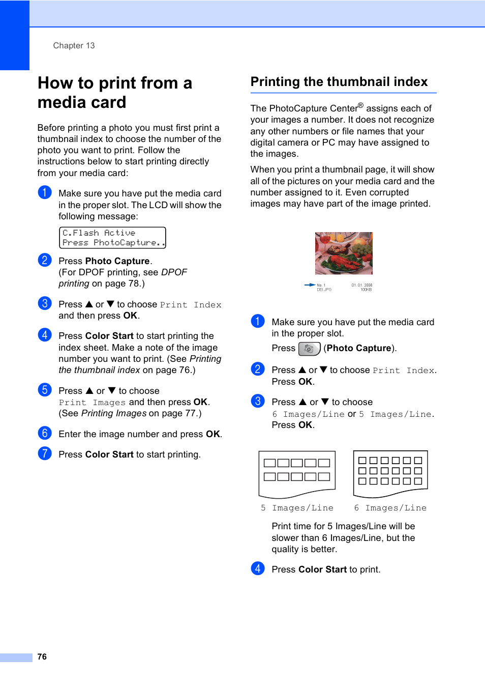 How to print from a media card, Printing the thumbnail index | Brother MFC-5860CN User Manual | Page 92 / 169