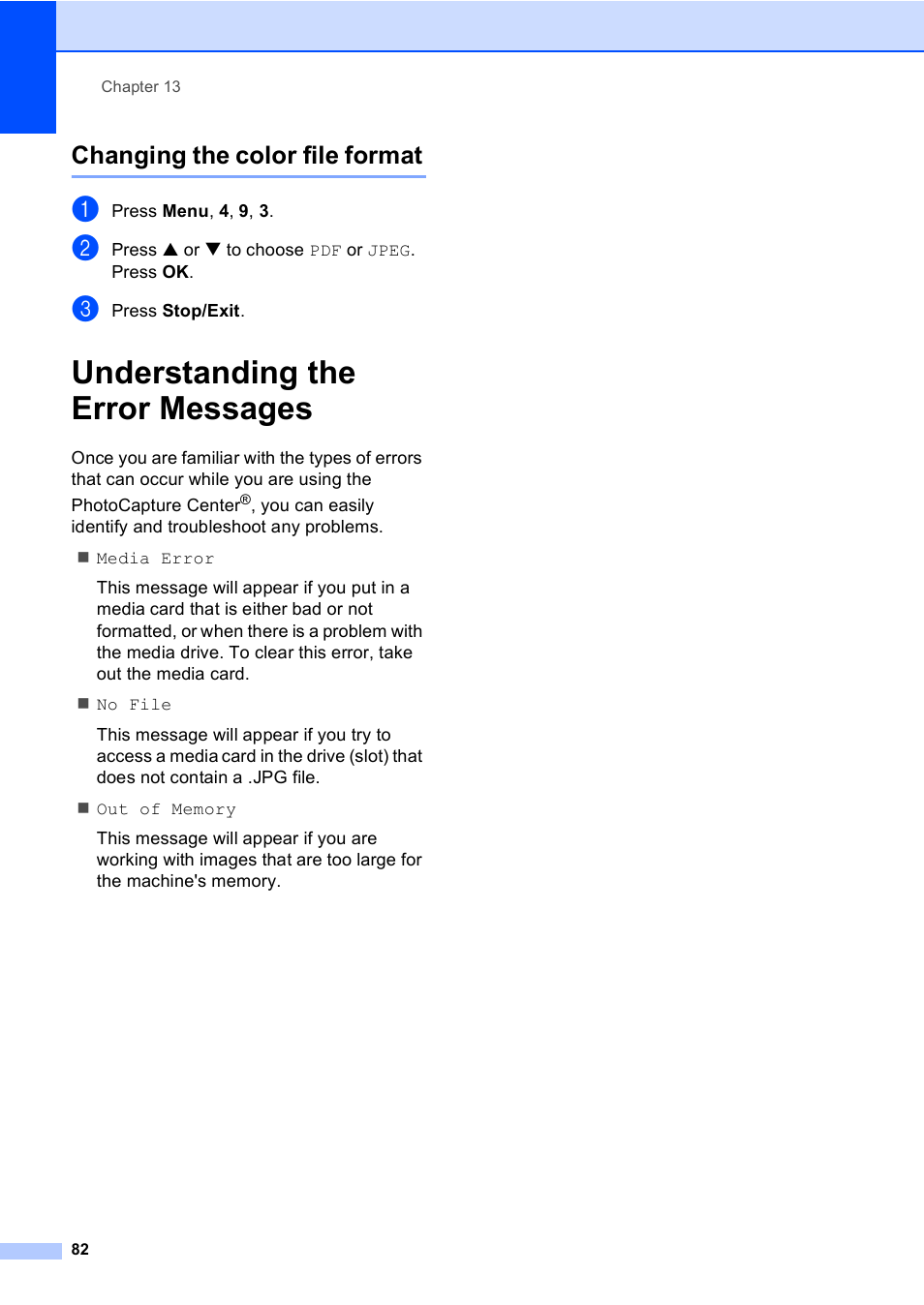 Changing the color file format, Understanding the error messages | Brother MFC-5860CN User Manual | Page 98 / 169