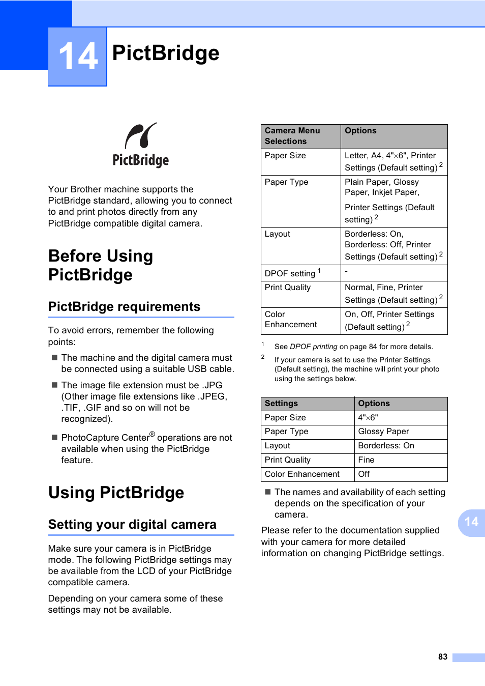 14 pictbridge, Before using pictbridge, Pictbridge requirements | Using pictbridge, Setting your digital camera, Pictbridge | Brother MFC-5860CN User Manual | Page 99 / 169