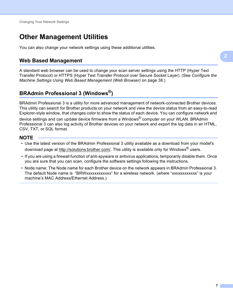Other management utilities, Web based management, Bradmin professional 3 (windows®) | Ee bradmin professional 3 (windows, Bradmin professional 3 (windows | Brother ADS-1000W User Manual | Page 10 / 70