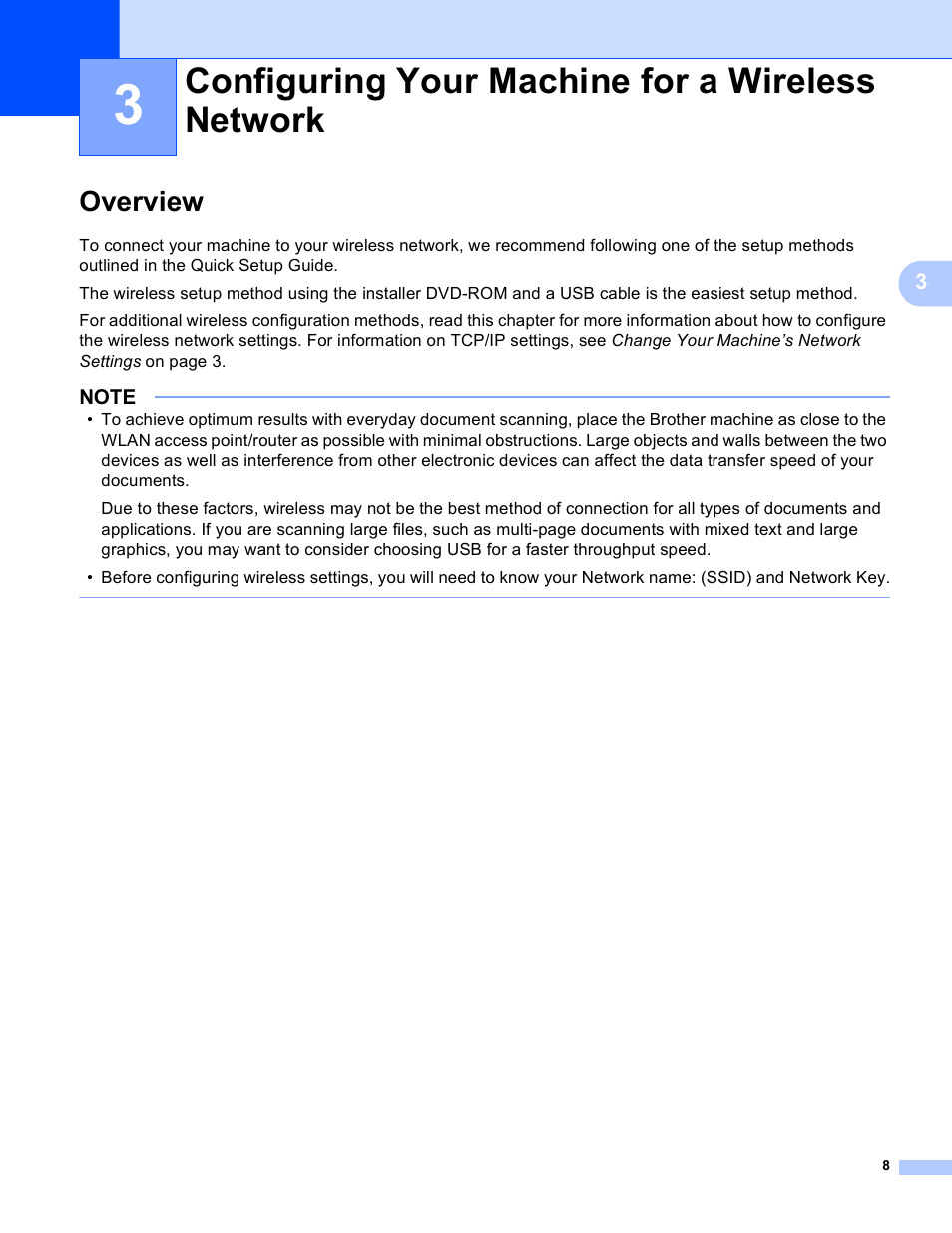 3 configuring your machine for a wireless network, Overview, Configuring your machine for a wireless network | Brother ADS-1000W User Manual | Page 11 / 70
