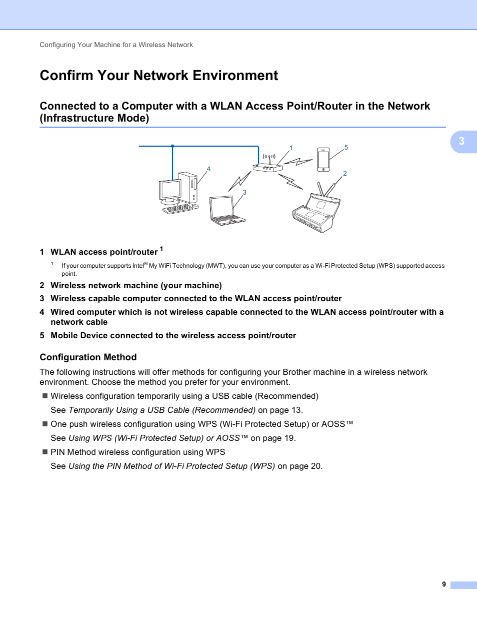 Confirm your network environment, Configuration method, Infrastructure mode) | Brother ADS-1000W User Manual | Page 12 / 70