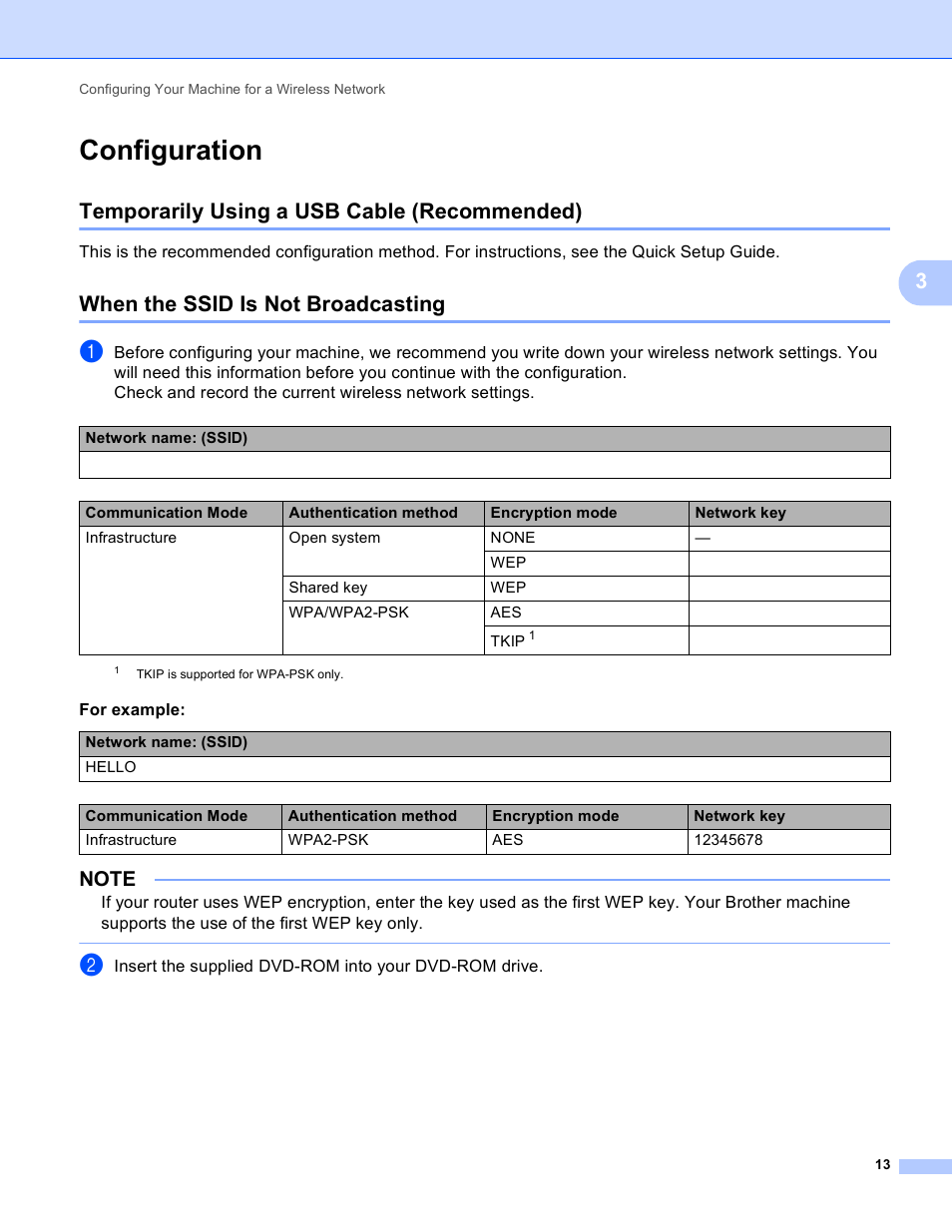 Configuration, Temporarily using a usb cable (recommended), When the ssid is not broadcasting | Brother ADS-1000W User Manual | Page 16 / 70