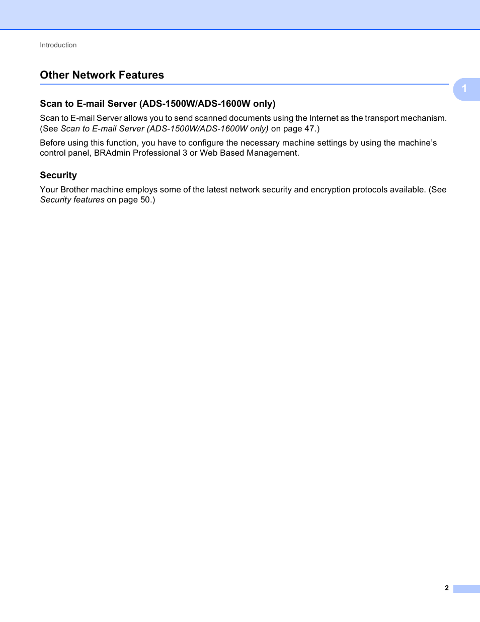 Other network features, Scan to e-mail server (ads-1500w/ads-1600w only), Security | 1other network features | Brother ADS-1000W User Manual | Page 5 / 70