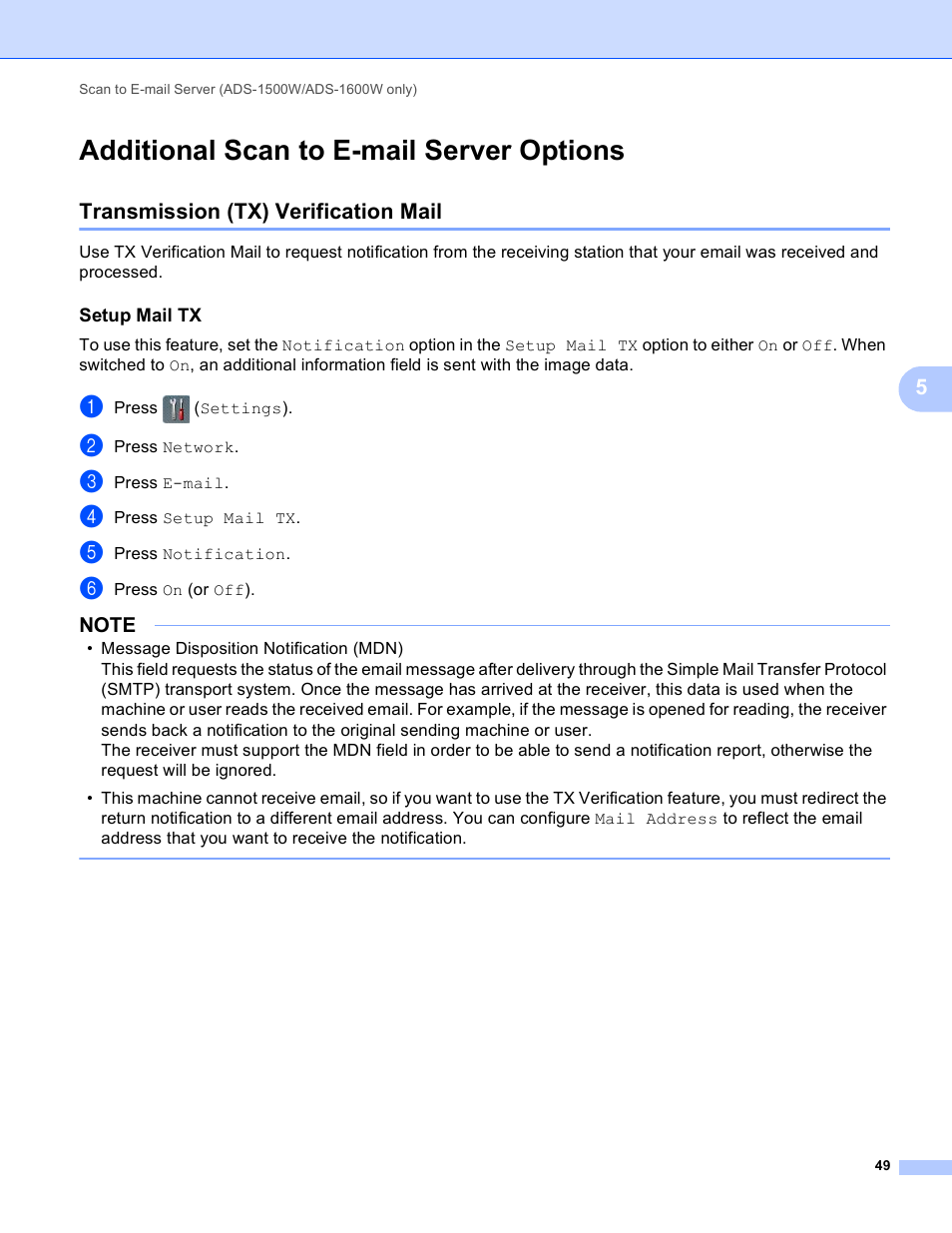 Additional scan to e-mail server options, Transmission (tx) verification mail, Setup mail tx | Brother ADS-1000W User Manual | Page 52 / 70