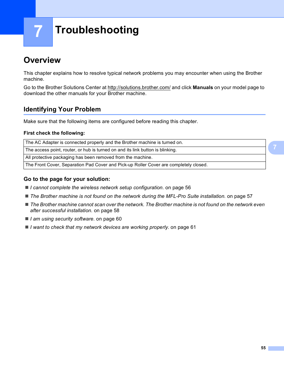 7 troubleshooting, Overview, Identifying your problem | Troubleshooting | Brother ADS-1000W User Manual | Page 58 / 70