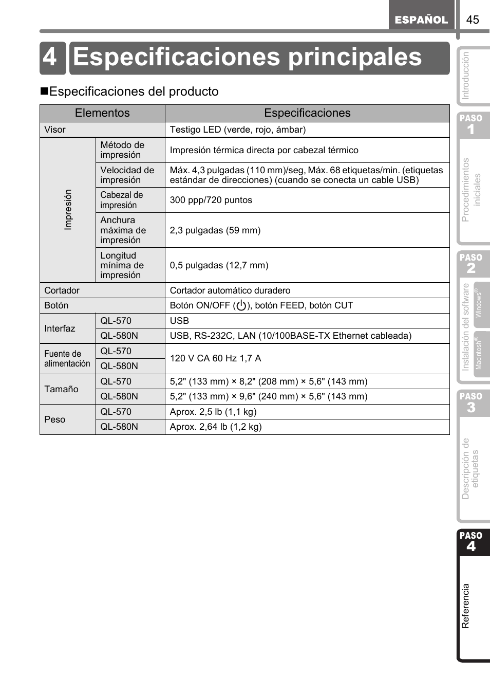 Especificaciones principales, 4 especificaciones principales, Especificaciones del producto | Elementos especificaciones | Brother QL-570 User Manual | Page 101 / 106