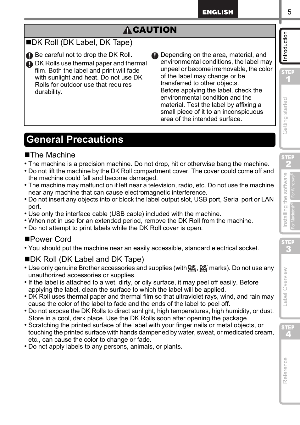 General precautions, Caution, The machine | Power cord, Dk roll (dk label and dk tape), Dk roll (dk label, dk tape) | Brother QL-570 User Manual | Page 11 / 106