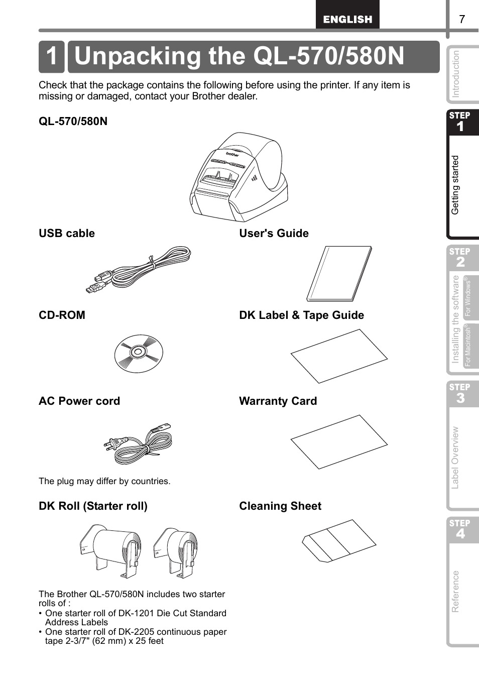 Getting started, Unpacking the ql-570/580n, Ing st | Step, Warranty card dk roll (starter roll), Cleaning sheet | Brother QL-570 User Manual | Page 13 / 106