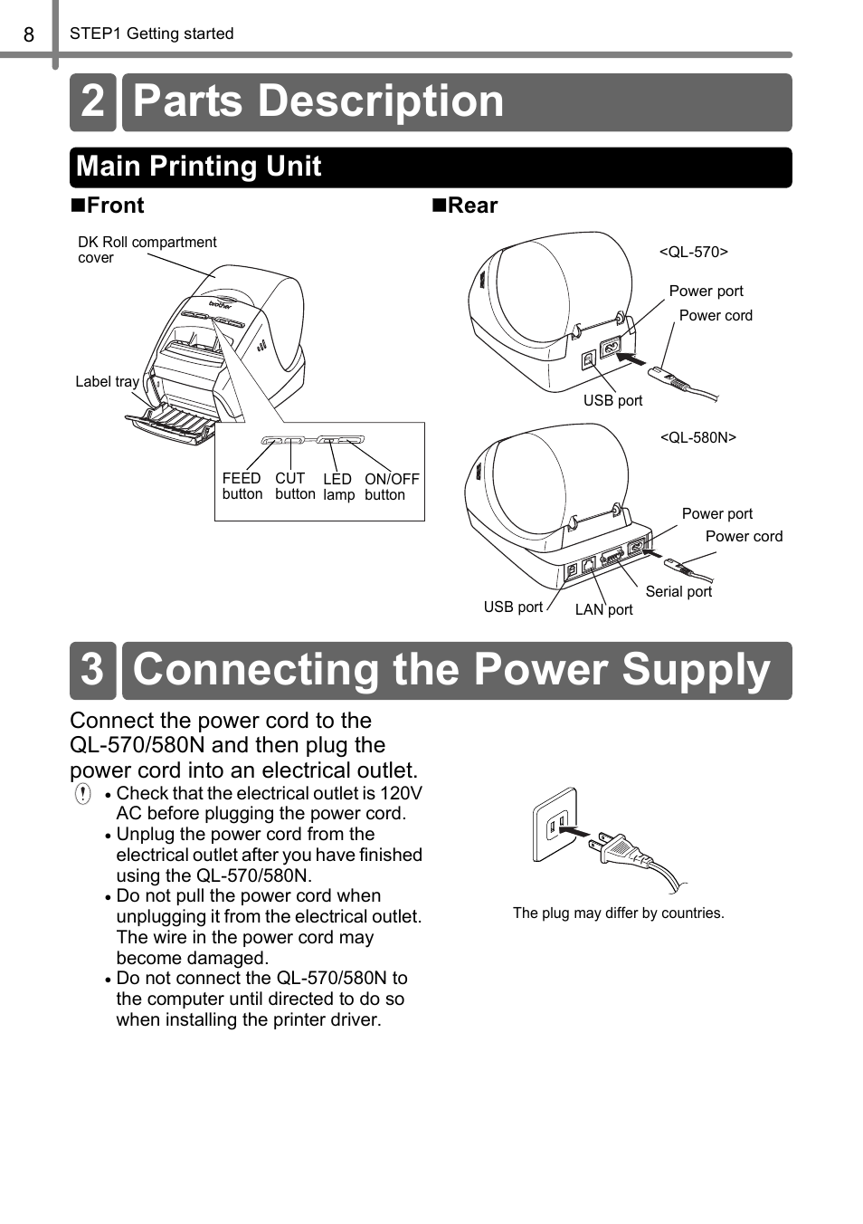 Parts description, Main printing unit, Connecting the power supply | 2 parts description, 3 connecting the power supply, Front  rear | Brother QL-570 User Manual | Page 14 / 106