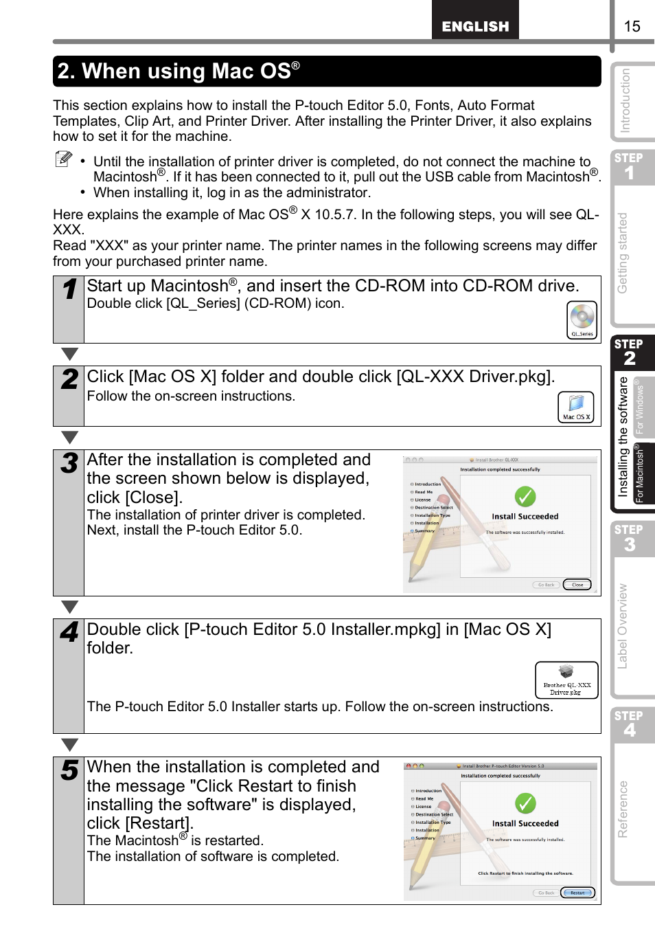 When using mac os, Start up macintosh, And insert the cd-rom into cd-rom drive | Brother QL-570 User Manual | Page 21 / 106