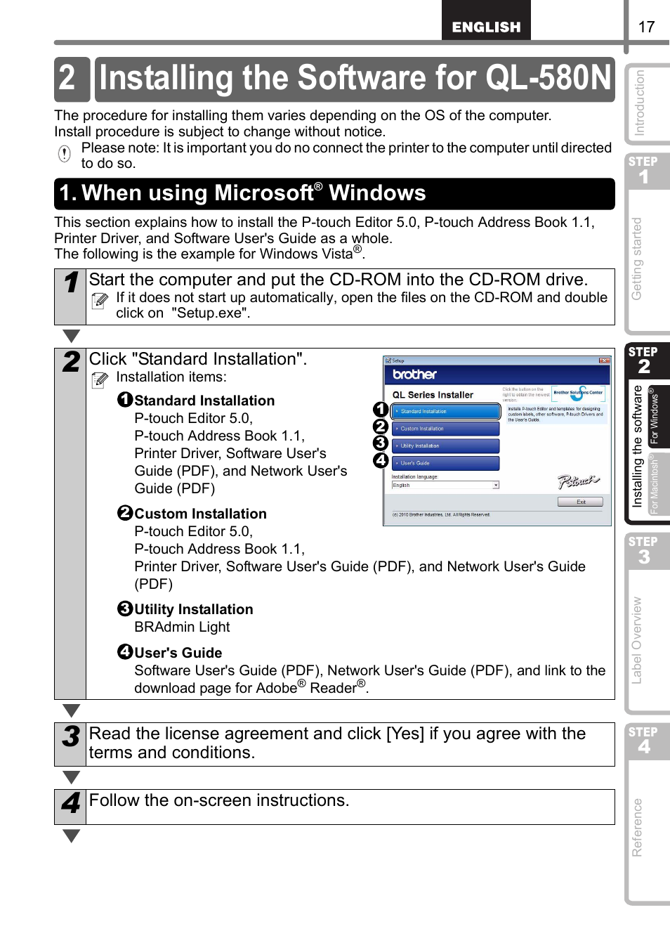 Installing the software for ql-580n, When using microsoft® windows, When using microsoft | 2 installing the software for ql-580n, Windows, Click "standard installation, Follow the on-screen instructions | Brother QL-570 User Manual | Page 23 / 106