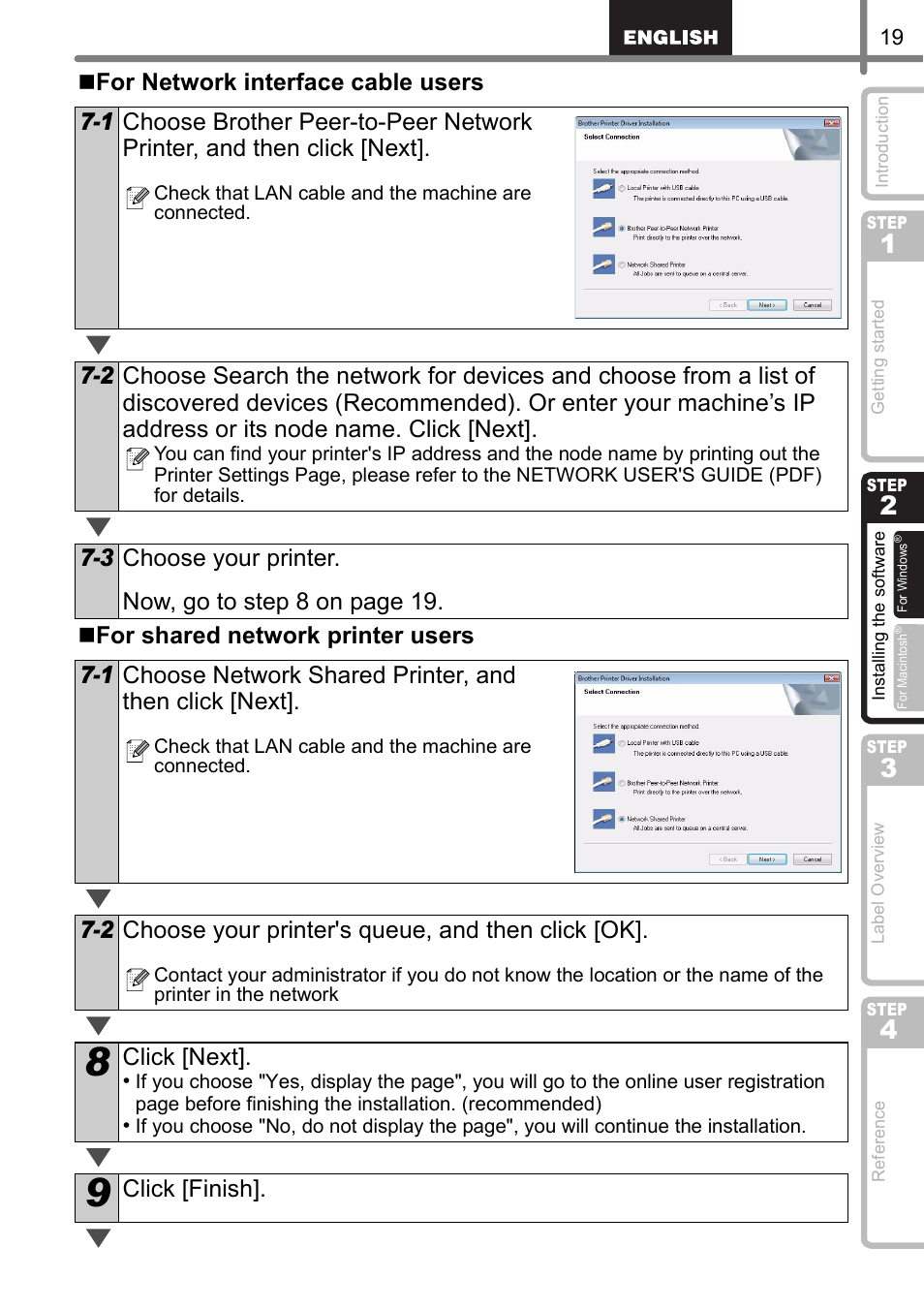 2 choose your printer's queue, and then click [ok, Click [next, Click [finish | Brother QL-570 User Manual | Page 25 / 106