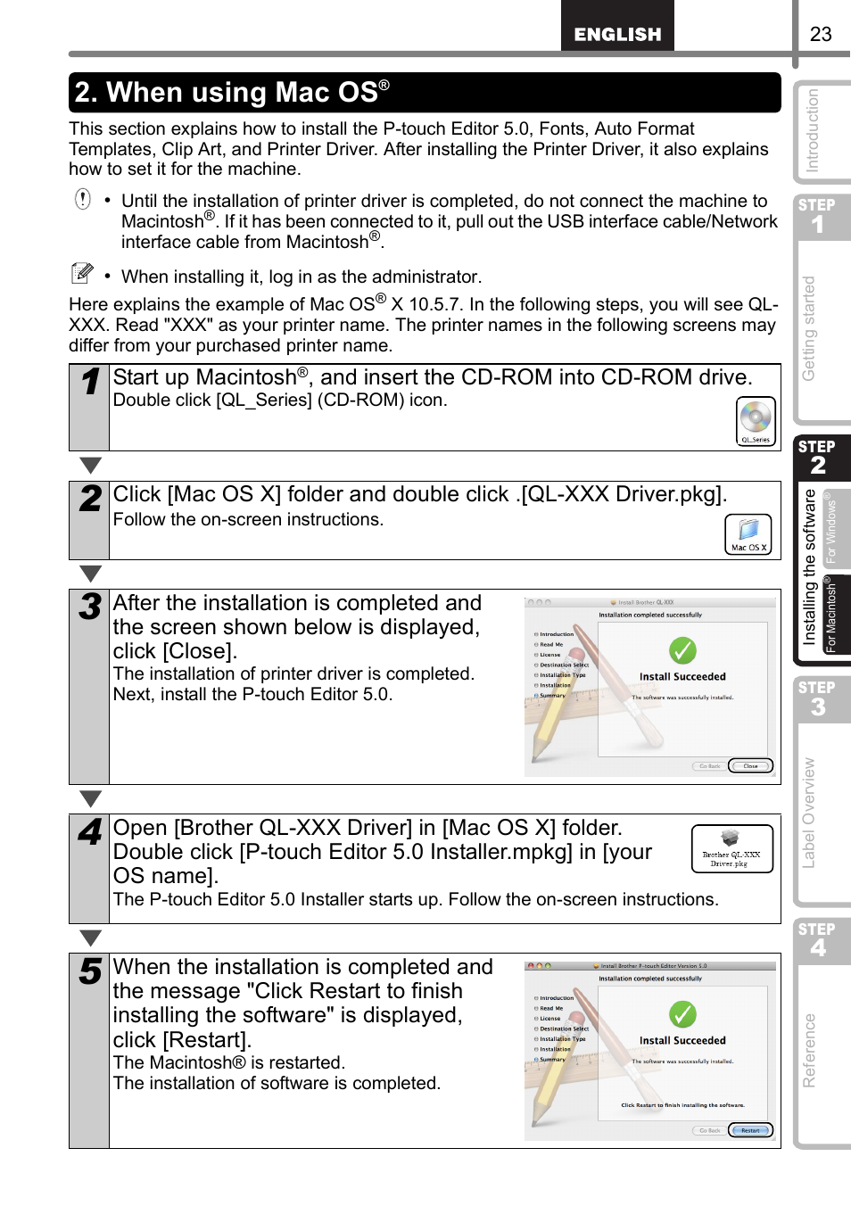 When using mac os, Start up macintosh, And insert the cd-rom into cd-rom drive | Brother QL-570 User Manual | Page 29 / 106