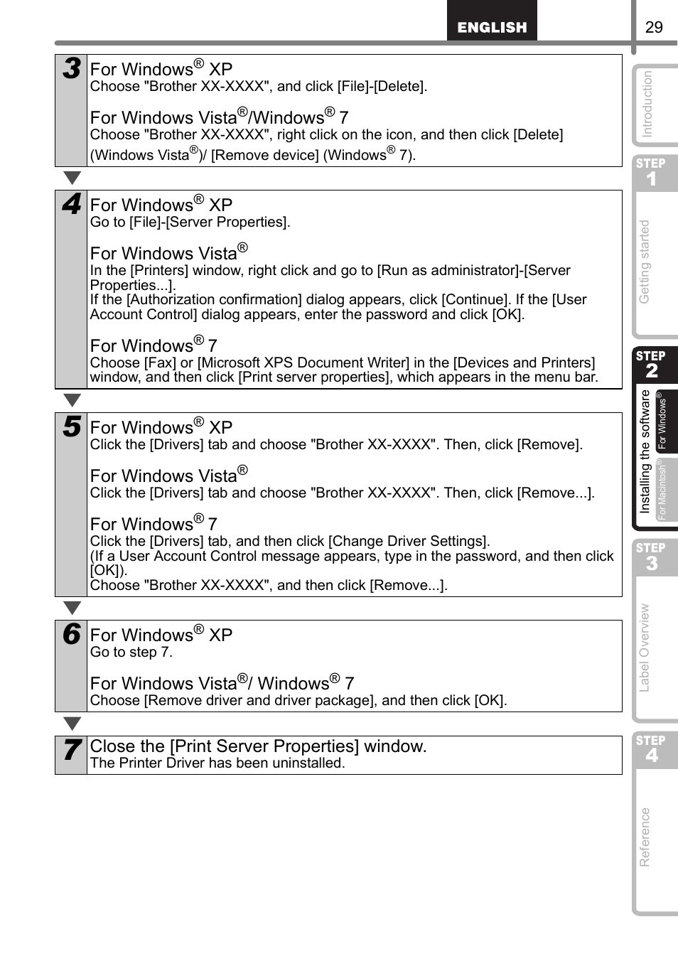 For windows, For windows vista, Windows | Close the [print server properties] window | Brother QL-570 User Manual | Page 35 / 106