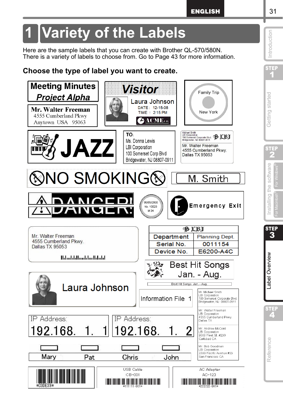 Label overview, Variety of the labels, Label o | Verview, Step, 1 variety of the labels, Choose the type of label you want to create | Brother QL-570 User Manual | Page 37 / 106