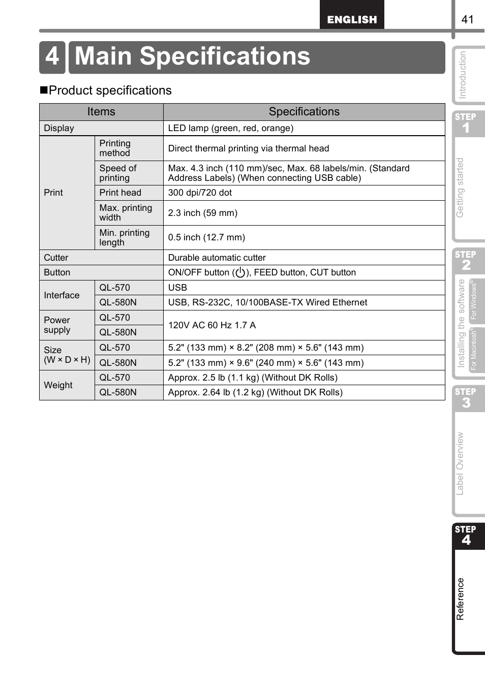 Main specifications, 4 main specifications, Product specifications | Items specifications | Brother QL-570 User Manual | Page 47 / 106