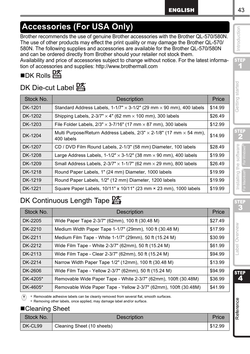 Accessories (for usa only), Dk die-cut label dk continuous length tape, Dk rolls | Cleaning sheet | Brother QL-570 User Manual | Page 49 / 106