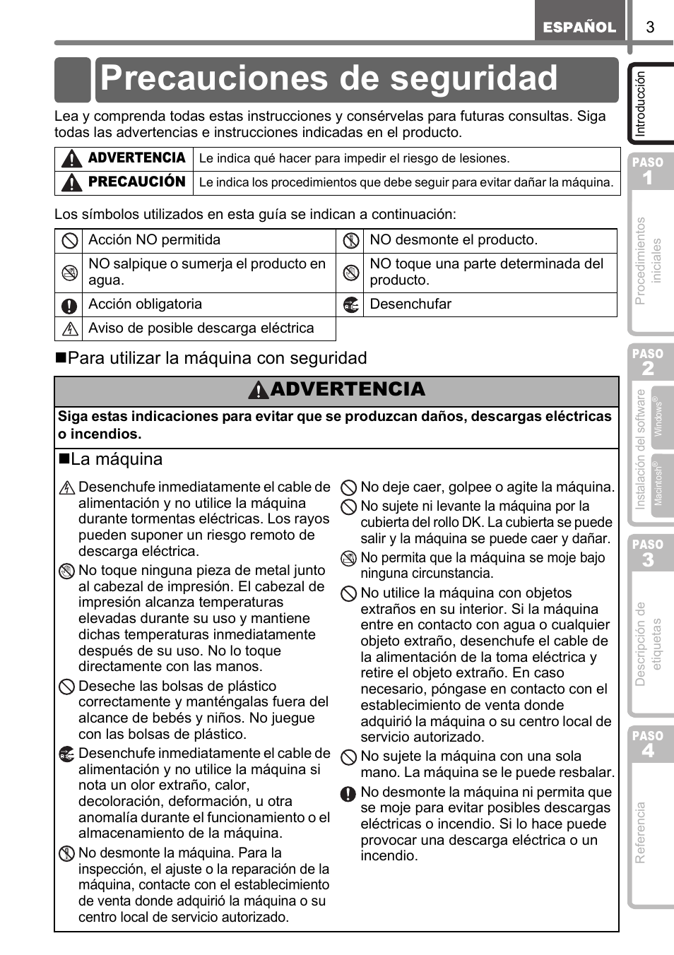 Precauciones de seguridad, Advertencia, Para utilizar la máquina con seguridad | La máquina | Brother QL-570 User Manual | Page 59 / 106