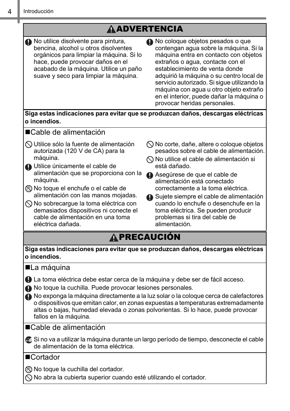 Precaución, Advertencia | Brother QL-570 User Manual | Page 60 / 106