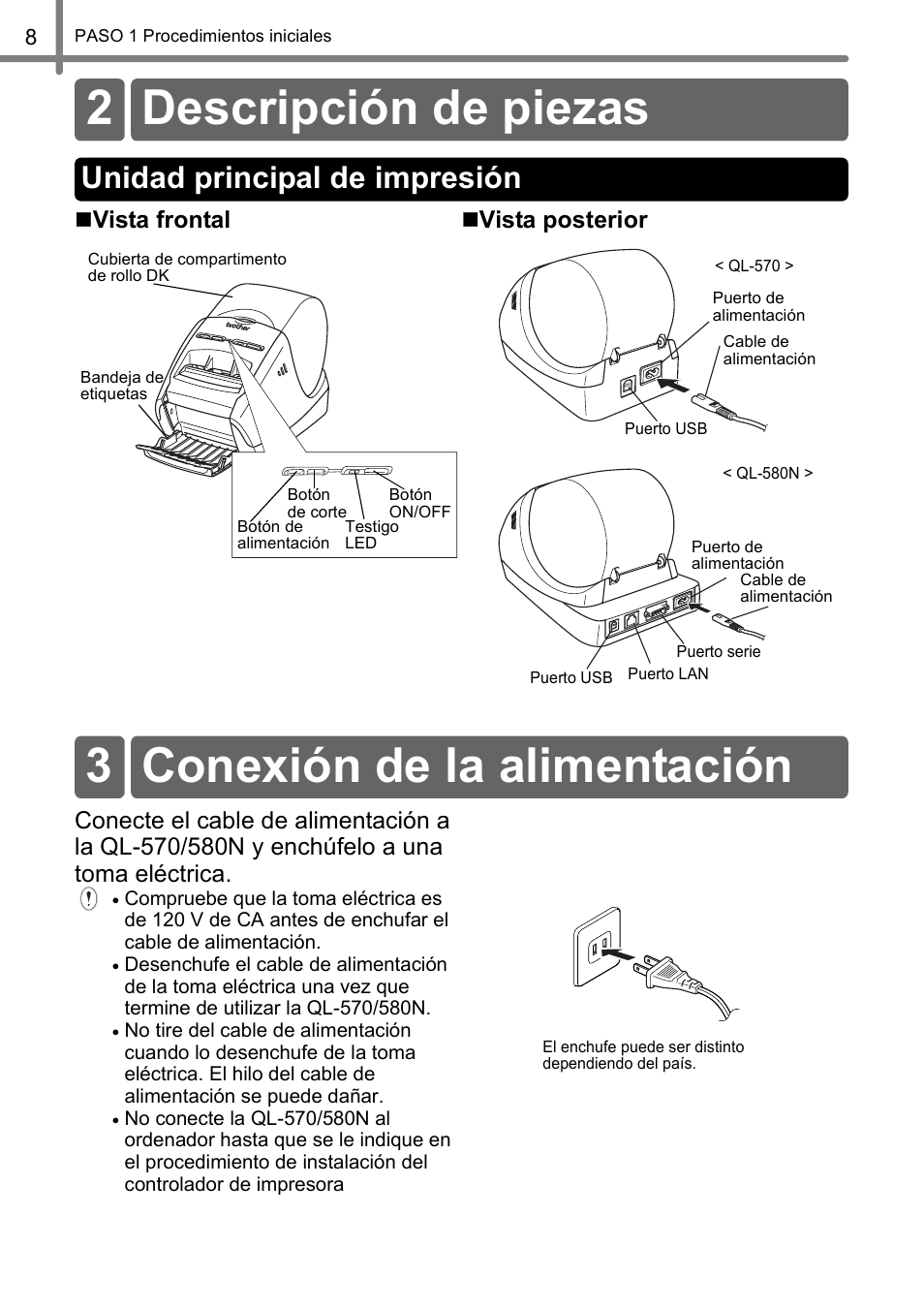 Descripción de piezas, Unidad principal de impresión, Conexión de la alimentación | 2 descripción de piezas, 3 conexión de la alimentación, Vista frontal vista posterior | Brother QL-570 User Manual | Page 64 / 106