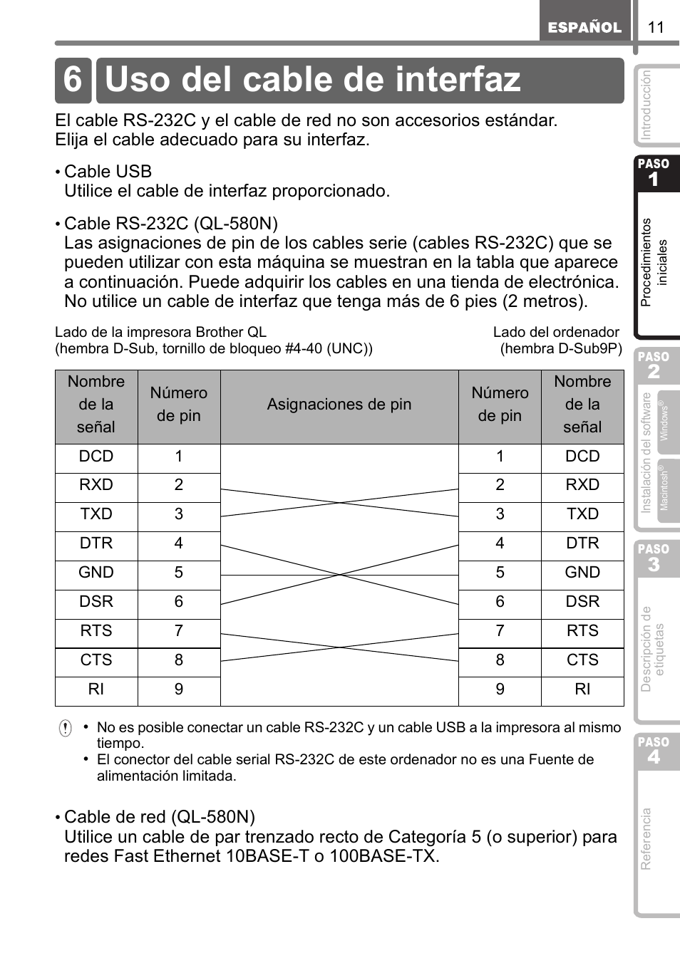 Uso del cable de interfaz, 6 uso del cable de interfaz | Brother QL-570 User Manual | Page 67 / 106