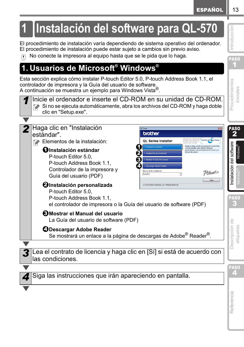 Instalación del software, Instalación del software para ql-570, Usuarios de microsoft® windows | Usuarios de microsoft, Paso, N de, 1 instalación del software para ql-570, Windows, Haga clic en "instalación estándar | Brother QL-570 User Manual | Page 69 / 106