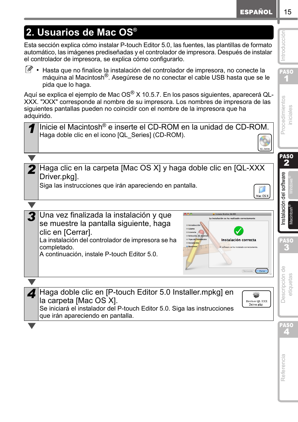 Usuarios de mac os, Inicie el macintosh, E inserte el cd-rom en la unidad de cd-rom | Brother QL-570 User Manual | Page 71 / 106