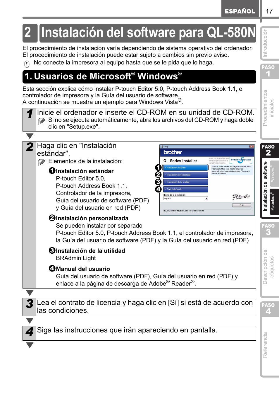 Instalación del software para ql-580n, Usuarios de microsoft® windows, Usuarios de microsoft | 2 instalación del software para ql-580n, Windows, Haga clic en "instalación estándar | Brother QL-570 User Manual | Page 73 / 106