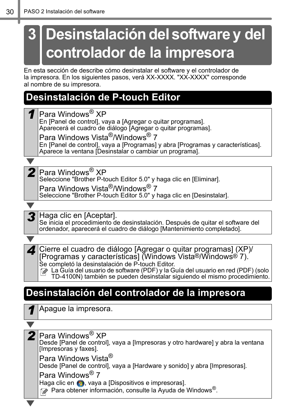 Desinstalación de p-touch editor, Desinstalación del controlador de la impresora | Brother QL-570 User Manual | Page 86 / 106