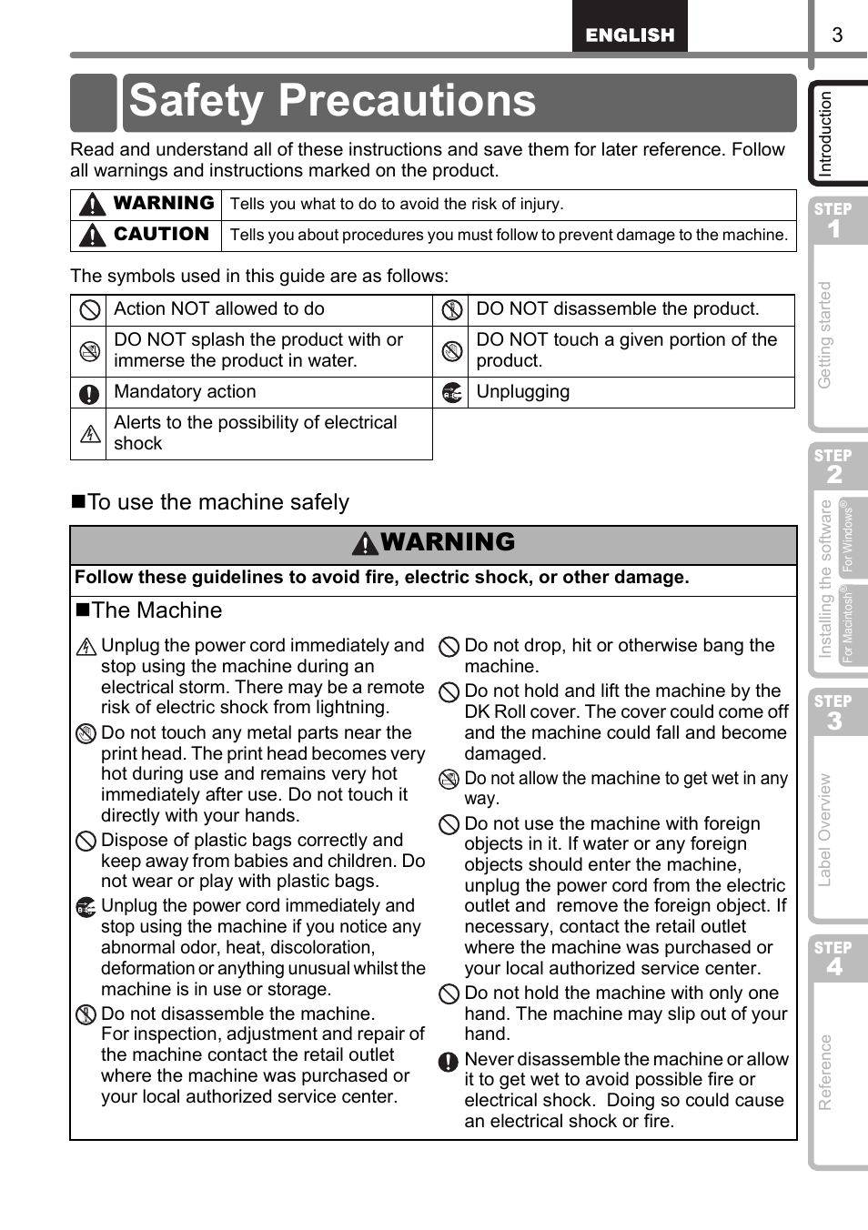 Safety precautions, Warning, The machine | Brother QL-570 User Manual | Page 9 / 106