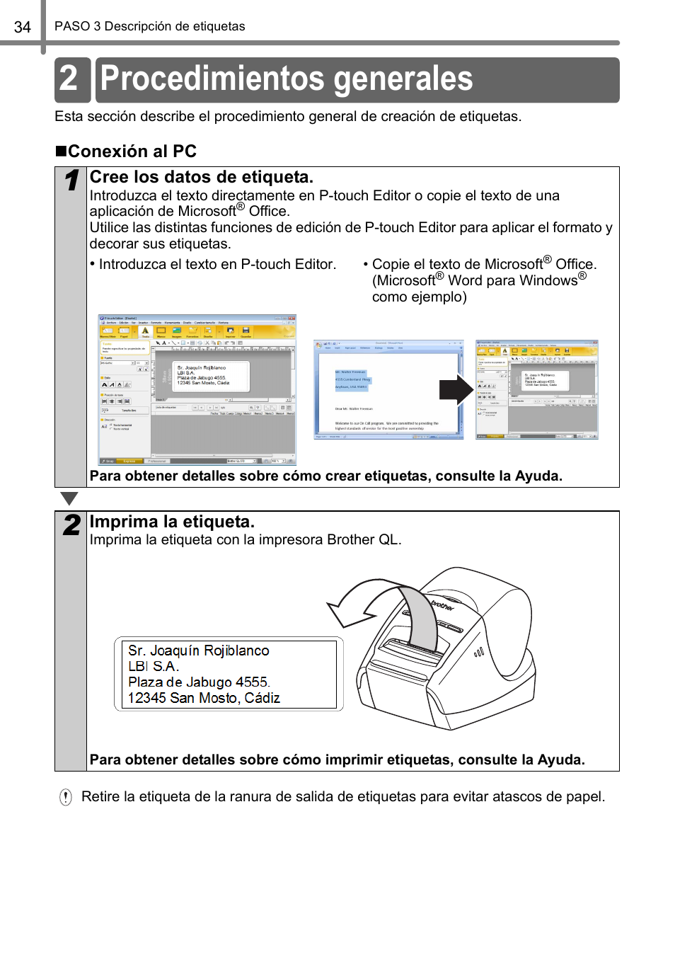 Procedimientos generales, 2 procedimientos generales | Brother QL-570 User Manual | Page 90 / 106