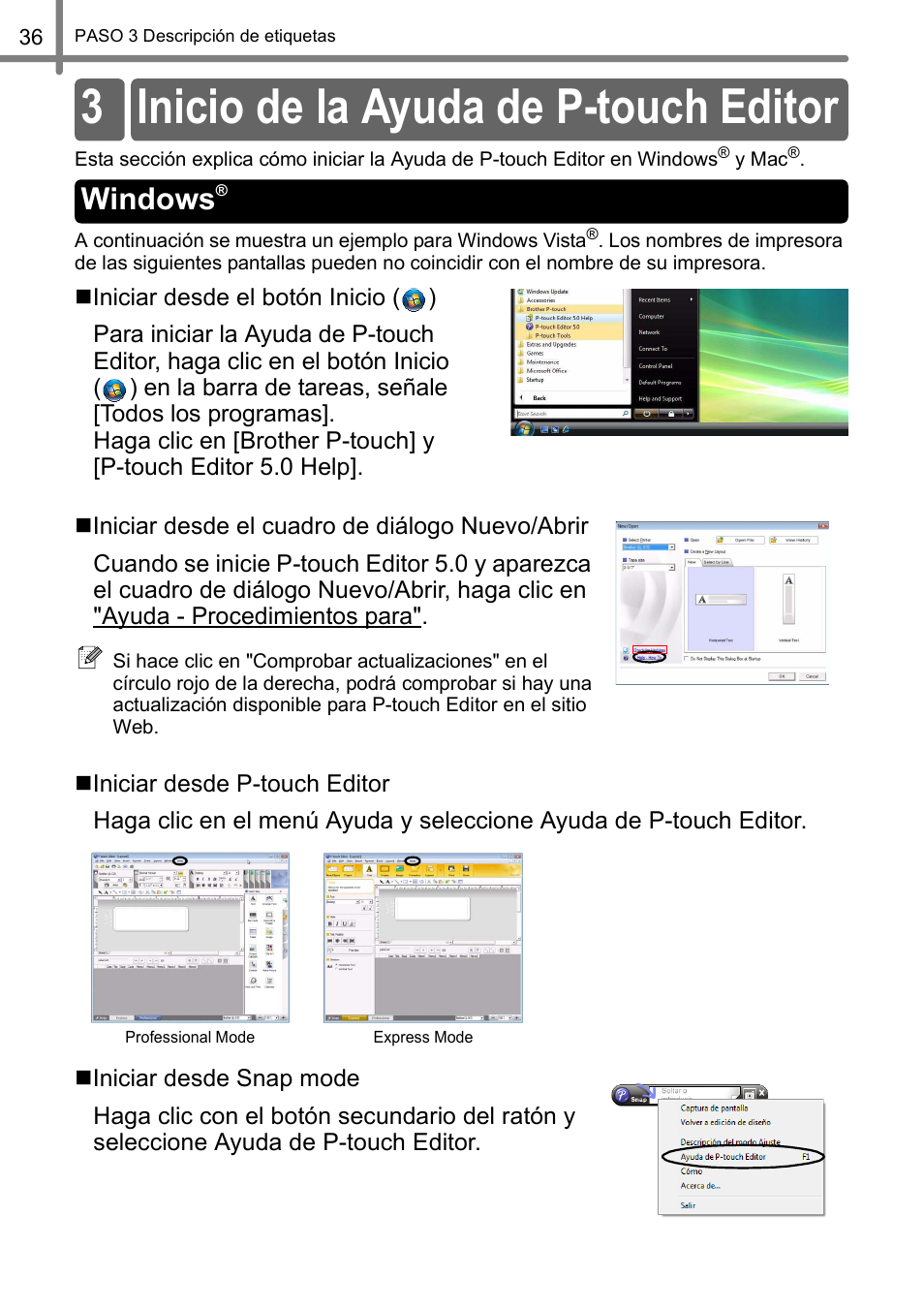 Inicio de la ayuda de p-touch editor, Windows, 3 inicio de la ayuda de p-touch editor | Brother QL-570 User Manual | Page 92 / 106