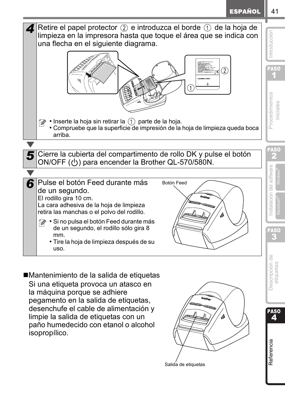 Pulse el botón feed durante más de un segundo | Brother QL-570 User Manual | Page 97 / 106