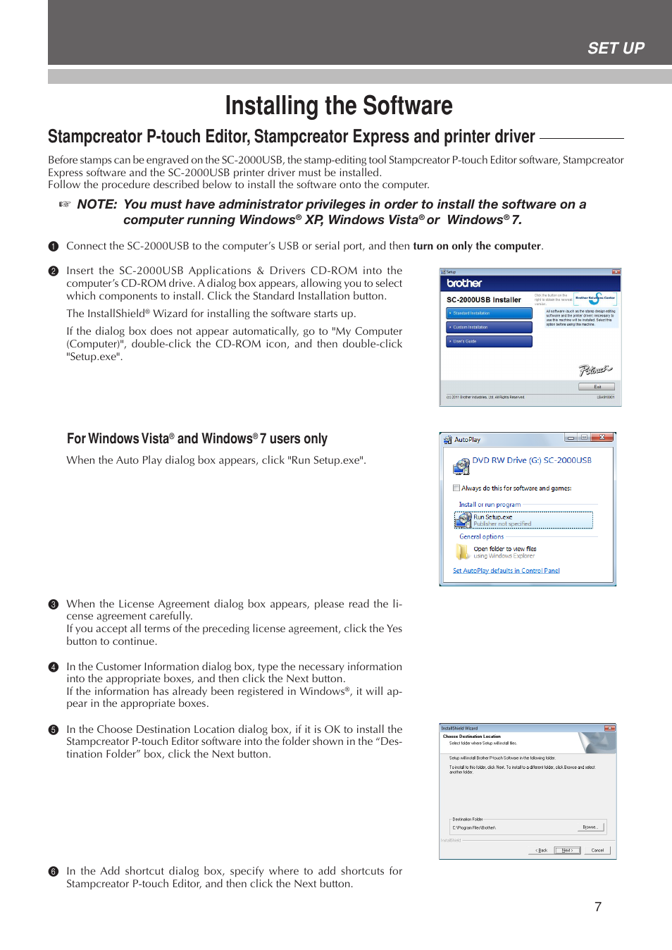 Installing the software, Set up, For windows vista | And windows, 7 users only | Brother SC-2000USB User Manual | Page 11 / 63